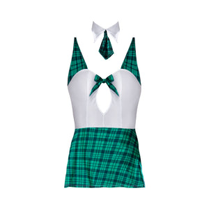 Magic Silk Dress Up Prep School Cutie Front Tie Dress with G-String Costume Teal Plaid
