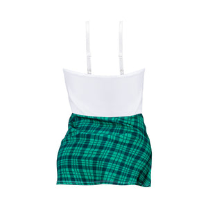 Magic Silk Dress Up Prep School Cutie Front Tie Dress with G-String Costume Teal Plaid