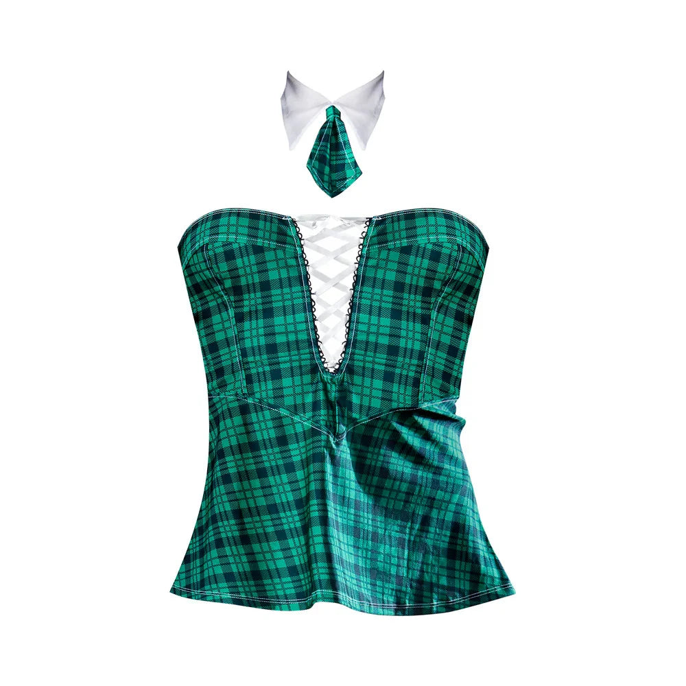 Magic Silk Dress Up Homeroom Hottie Strapless Front Lace Up Dress with G-String Costume Teal Plaid