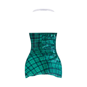 Magic Silk Dress Up Homeroom Hottie Strapless Front Lace Up Dress with G-String Costume Teal Plaid