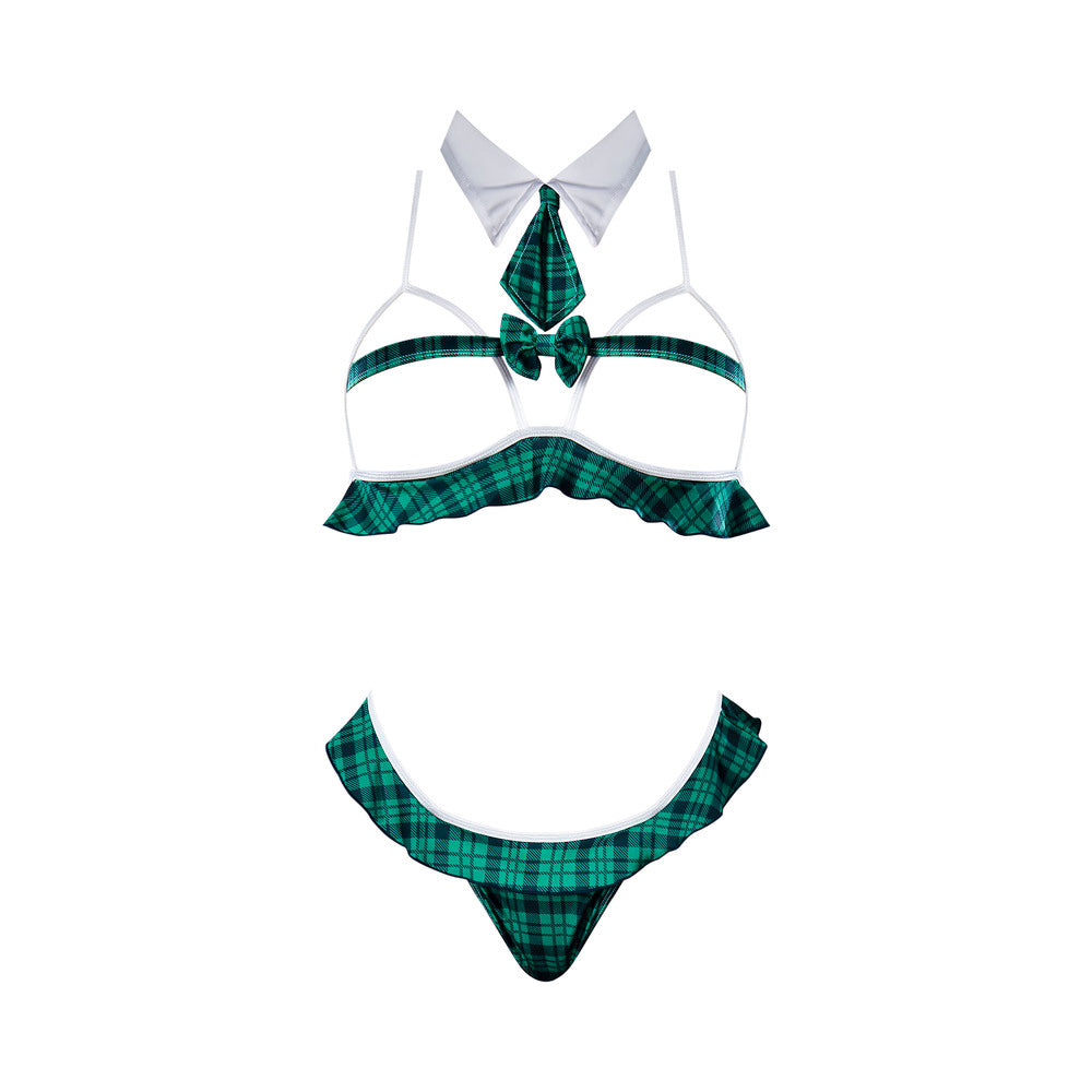 Magic Silk Dress Up Private Lessons Open Cup Bra with Split Crotch Panty Costume Teal Plaid