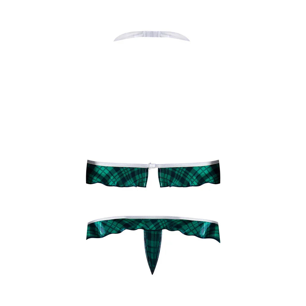 Magic Silk Dress Up Private Lessons Open Cup Bra with Split Crotch Panty Costume Teal Plaid