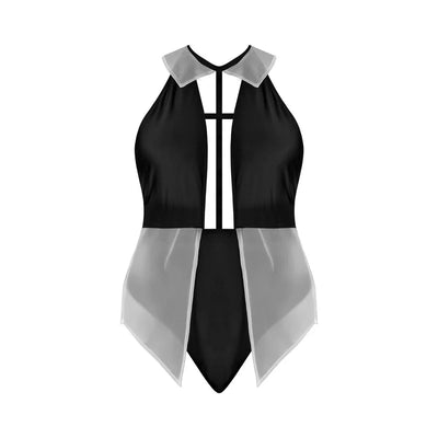 Magic Silk Dress Up Cheeky Snap Crotch Teddy with Fly Away Skirt Costume White/Black