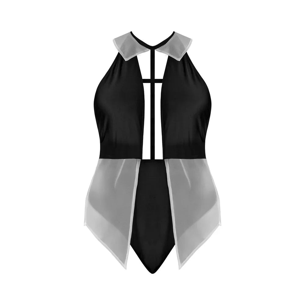 Magic Silk Dress Up Cheeky Snap Crotch Teddy with Fly Away Skirt Costume White/Black