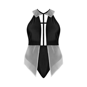 Magic Silk Dress Up Cheeky Snap Crotch Teddy with Fly Away Skirt Costume White/Black