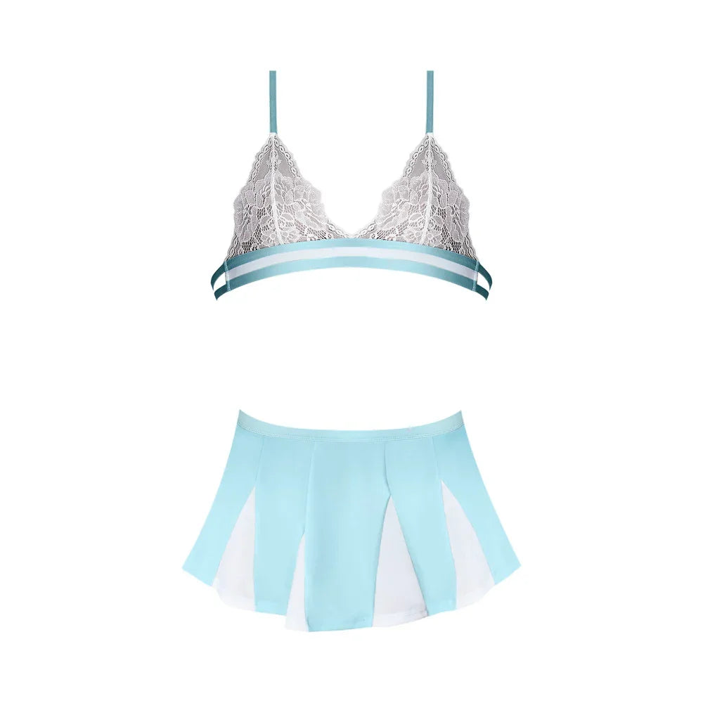 Magic Silk Dress Up Head Cheerleader Lace Bralette with Mini Skirt & G-String Costume White/Light Blue