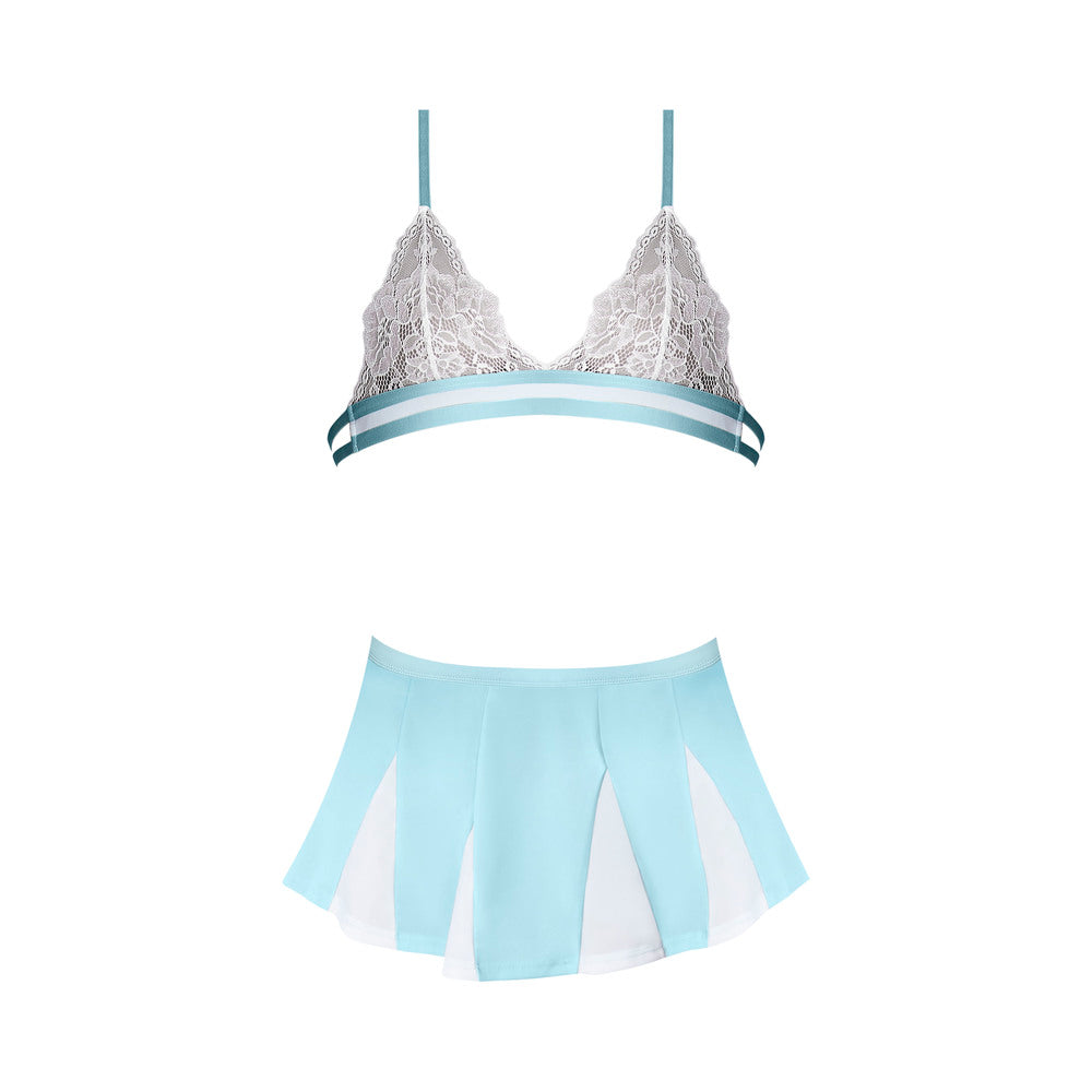 Magic Silk Dress Up Head Cheerleader Lace Bralette with Mini Skirt & G-String Costume White/Light Blue