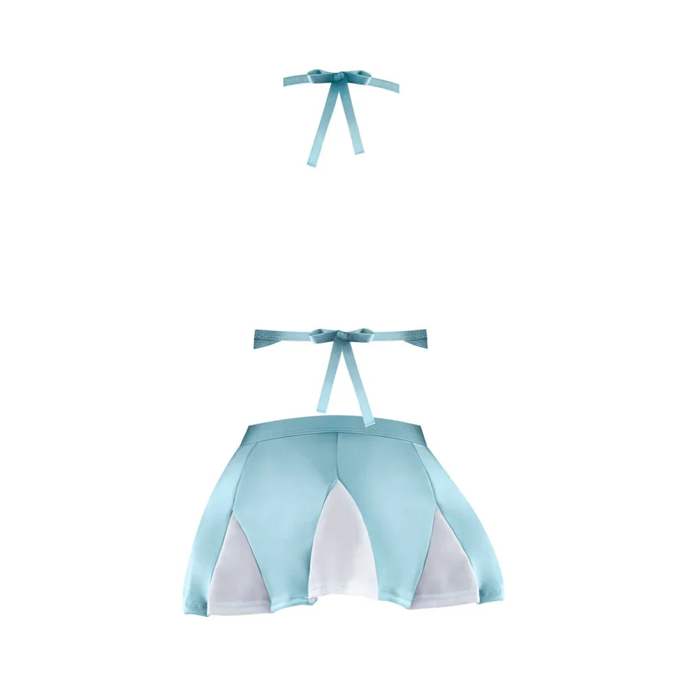 Magic Silk Dress Up Head Cheerleader Lace Bralette with Mini Skirt & G-String Costume White/Light Blue
