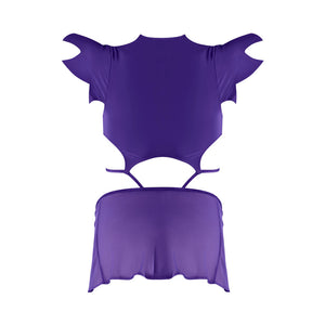 Magic Silk Dress Up Charmed Strappy High Leg Teddy with Sheer Mesh Skirt Costume Purple