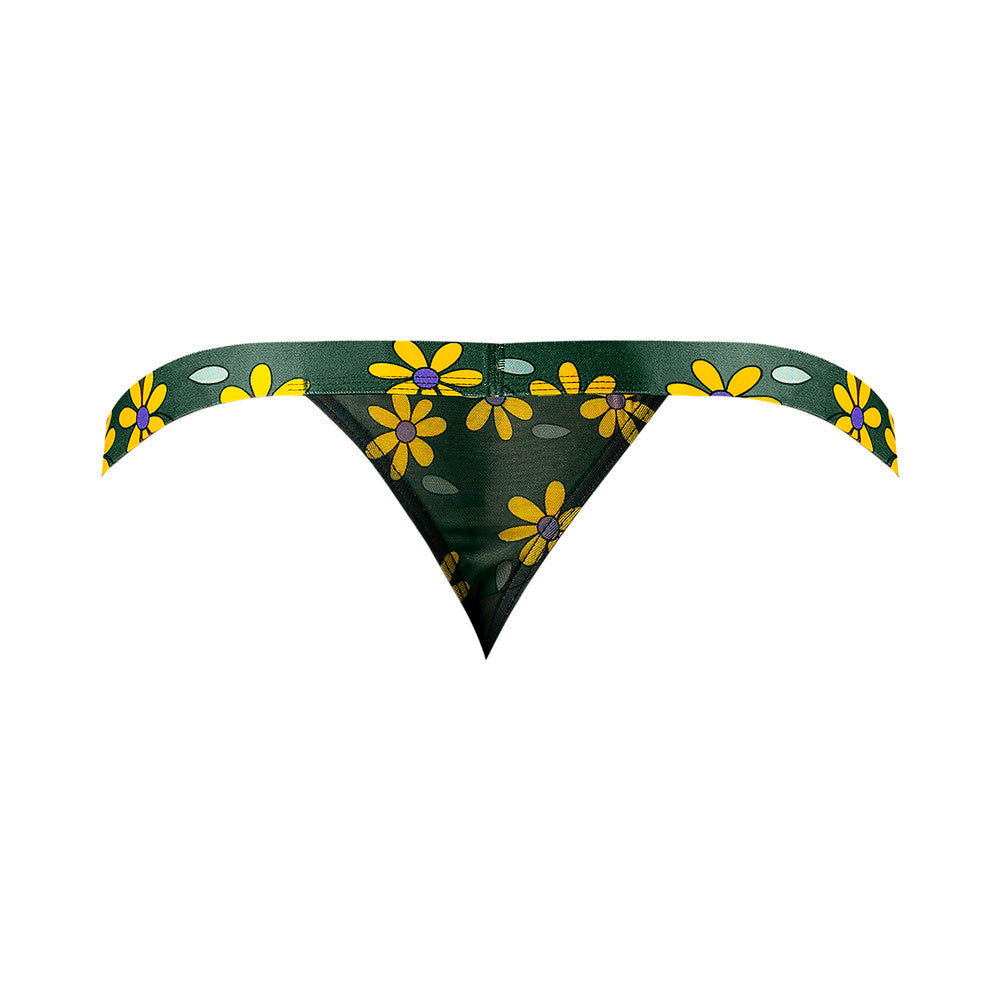 Male Power Petal Power See Through Mesh Micro Thong with Sheer Penis Pouch Daisy Green