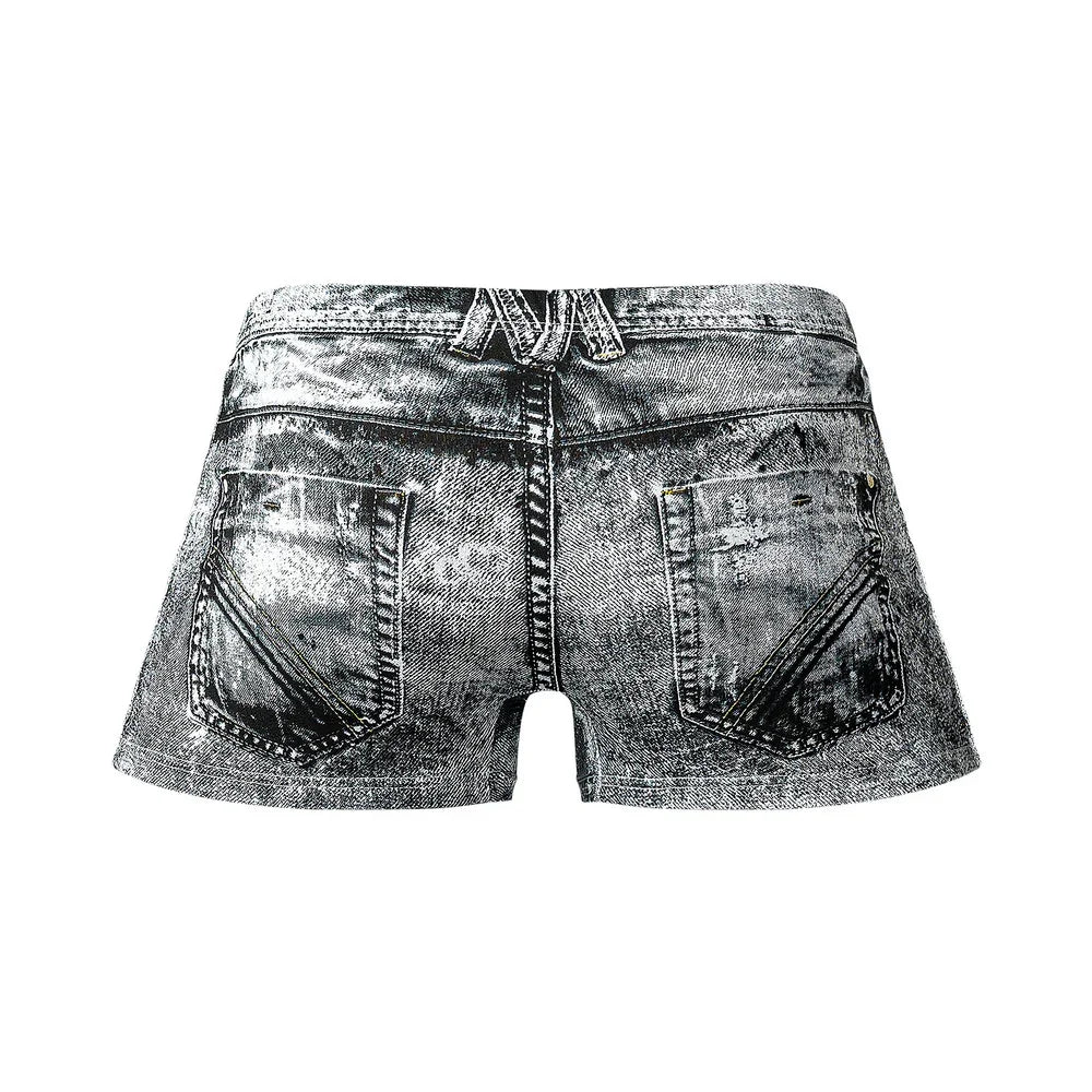 Male Power Dirty Denim Low Cut Waist Mini Short with Penis Pouch Denim Jean Print