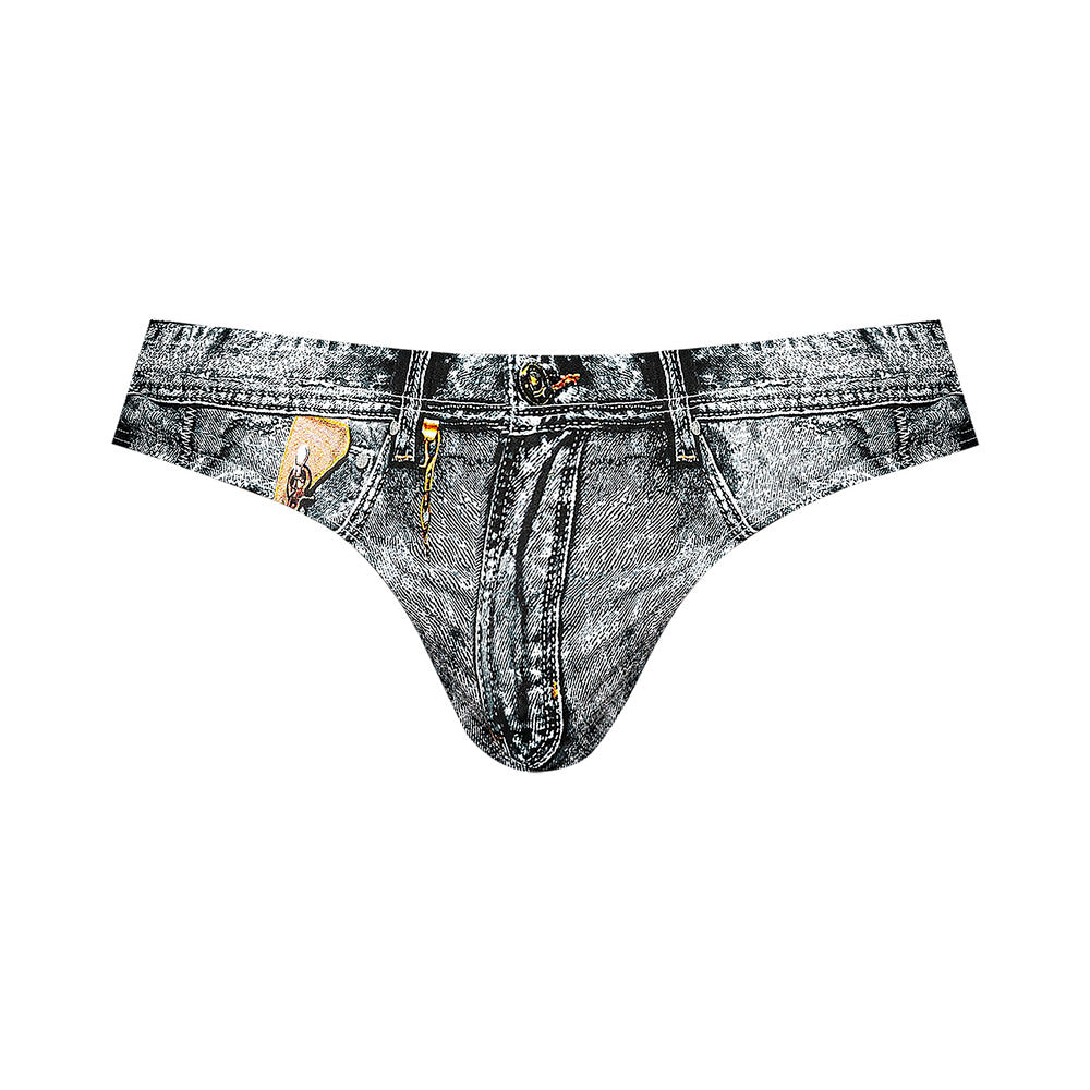 Male Power Dirty Denim Penis Pouch Thong with Partial Rear Exposure Denim Jean Print