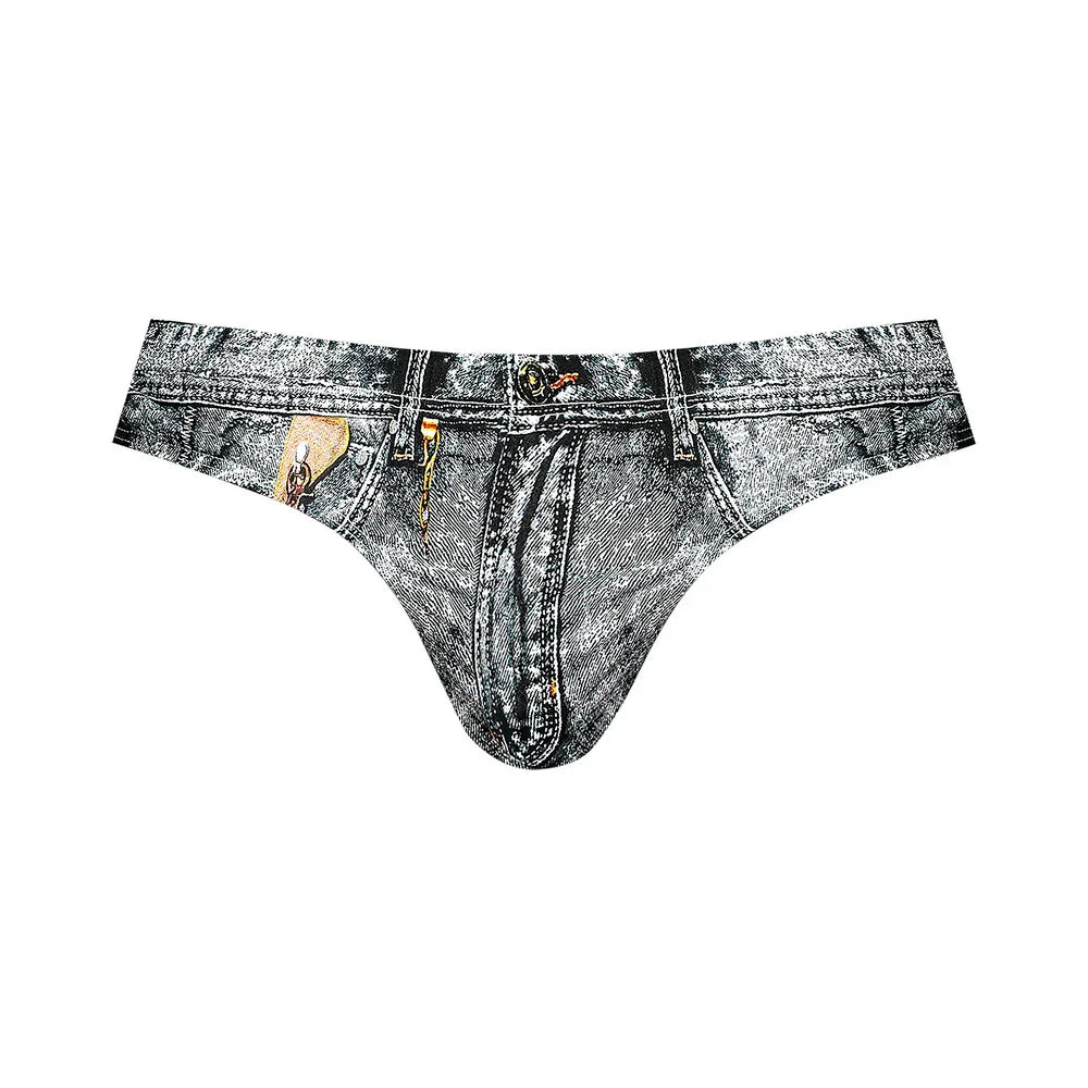 Male Power Dirty Denim Mid-Rise Waist Bikini with Penis Pouch Denim Jean Print