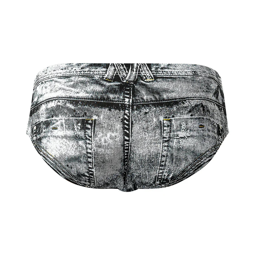 Male Power Dirty Denim Mid-Rise Waist Bikini with Penis Pouch Denim Jean Print