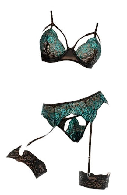 Mapale Holiday 3 PC Two Tone Lace Underwire Cup Bralette with Matching Garter & Thong Black Emerald