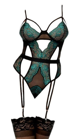 Mapale Holiday Two Tone Lace Underwire Cup Bodysuit with Garter & Thong Coverage Black Emerald