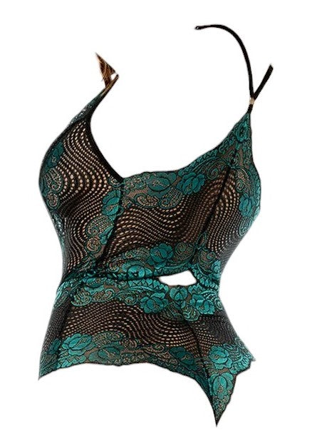 Mapale Holiday Two Tone Lace Bodysuit with Plunging Neckline & Cheeky Coverage Black Emerald