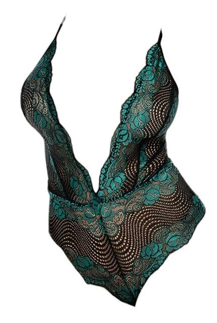 Mapale Holiday Two Tone Lace Bodysuit with Plunging Neckline & Cheeky Coverage Black Emerald