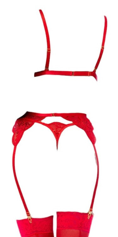 Mapale Holiday 3 PC Sequin Mesh with Floral Details Bralette with Garter Belt and Matching Thong Red