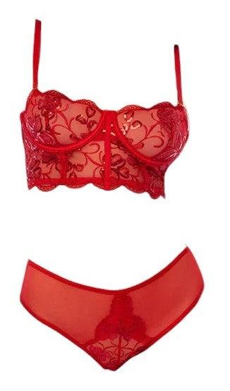 Mapale Holiday 2 PC Sequin Mesh with Floral Details Underwire Bralette with Matching Panty Red