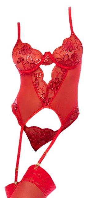 Mapale Holiday 2 PC Sequin Mesh with Floral Details Underwire Bustier with Matching Thong Red