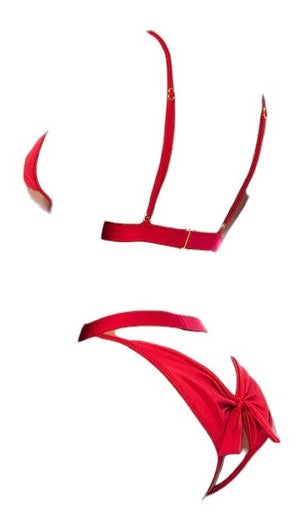 Mapale Holiday 2 PC Open Cup with Bowtie Bralette with Matching Bowtie Panty Red