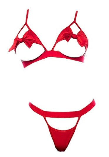 Mapale Holiday 2 PC Open Cup with Bowtie Bralette with Matching Bowtie Panty Red