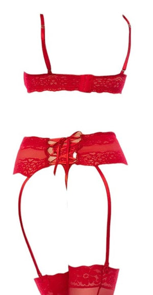 Mapale Holiday 3 PC Underwire Cup Bralette with Matching Garter and Thong Red