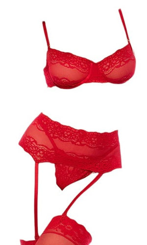 Mapale Holiday 3 PC Underwire Cup Bralette with Matching Garter and Thong Red