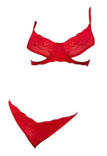 Mapale Holiday 2 PC Underwire Cup & Semi Open Cup Bralette with Matching Thong Red