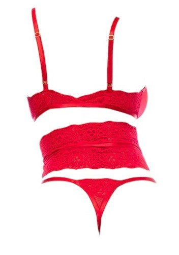 Mapale Holiday 3 PC Heart Lace Bralette with Matching Corset & Thong Red