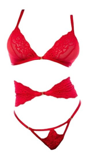 Mapale Holiday 3 PC Heart Lace Bralette with Matching Corset & Thong Red