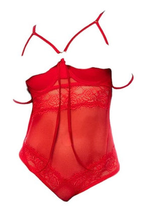 Mapale Holiday Mesh Lace Underwire Open Cup Bodysuit with Adj Crotch Fastening Red