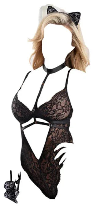 Fantasy Lingerie Play Feral For You 4-Piece Cat Costume Set Black