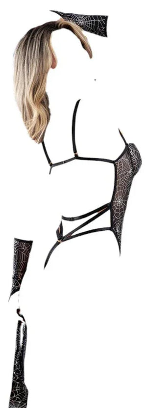 Fantasy Lingerie Play Into My Web 4-Piece Spider Costume Set Black