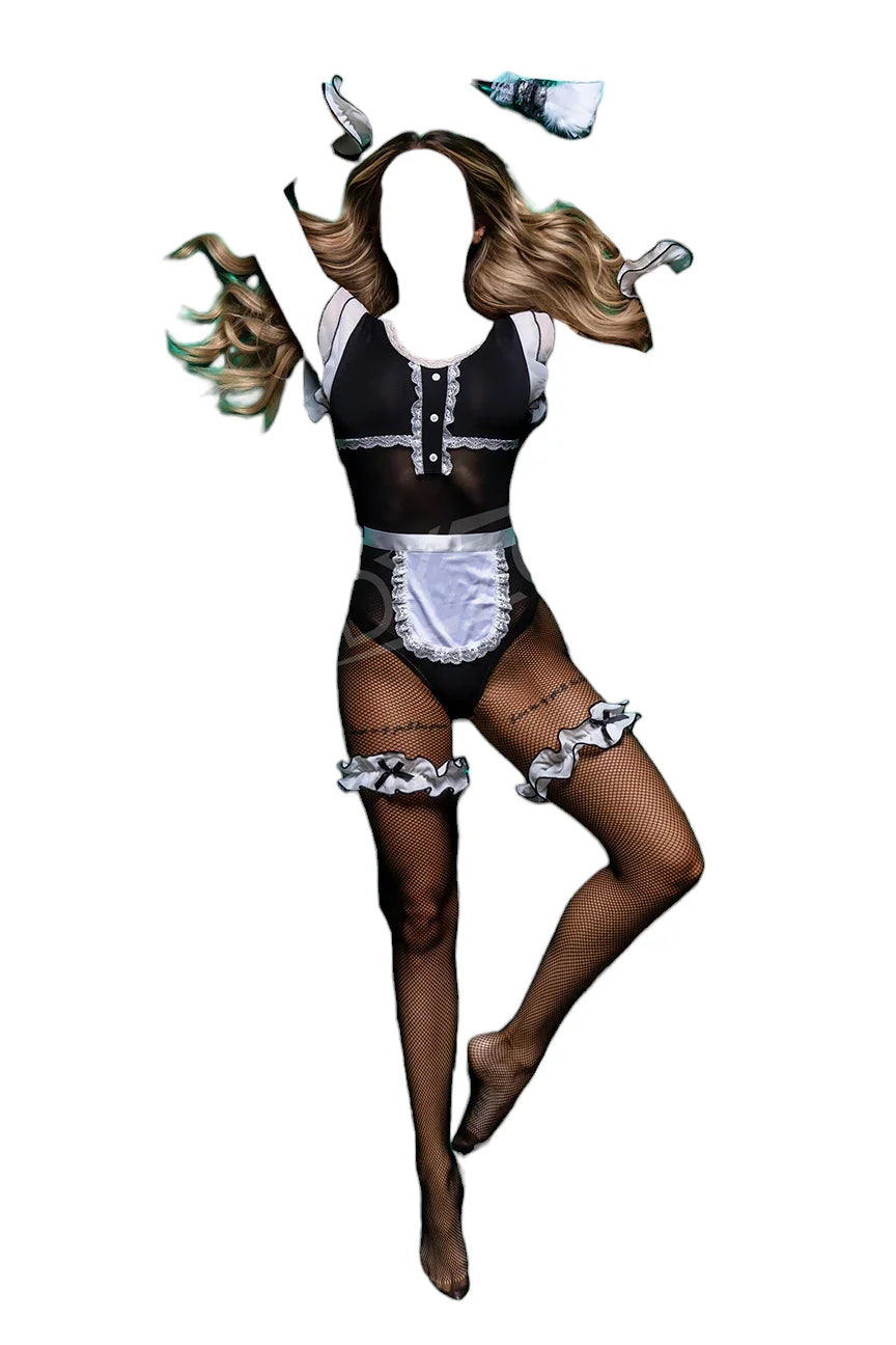 BodyZone Role Play Mischievous Maid 6 pc Bodysuit with Apron Costume Set Black/White
