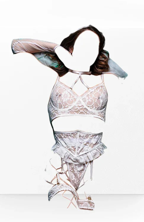BodyZone Role Play Blushing Bride 6 pc Bra with Corset & Leg Garters Costume Set White