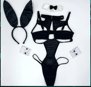 BodyZone Role Play BZ Bunny 6 pc Thong Bodysuit with Tail & Accessories Costume Set Black
