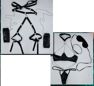 BodyZone Role Play Bondage Baddie 7 pc Open Cup Top & Garter Straps Costume Set Black