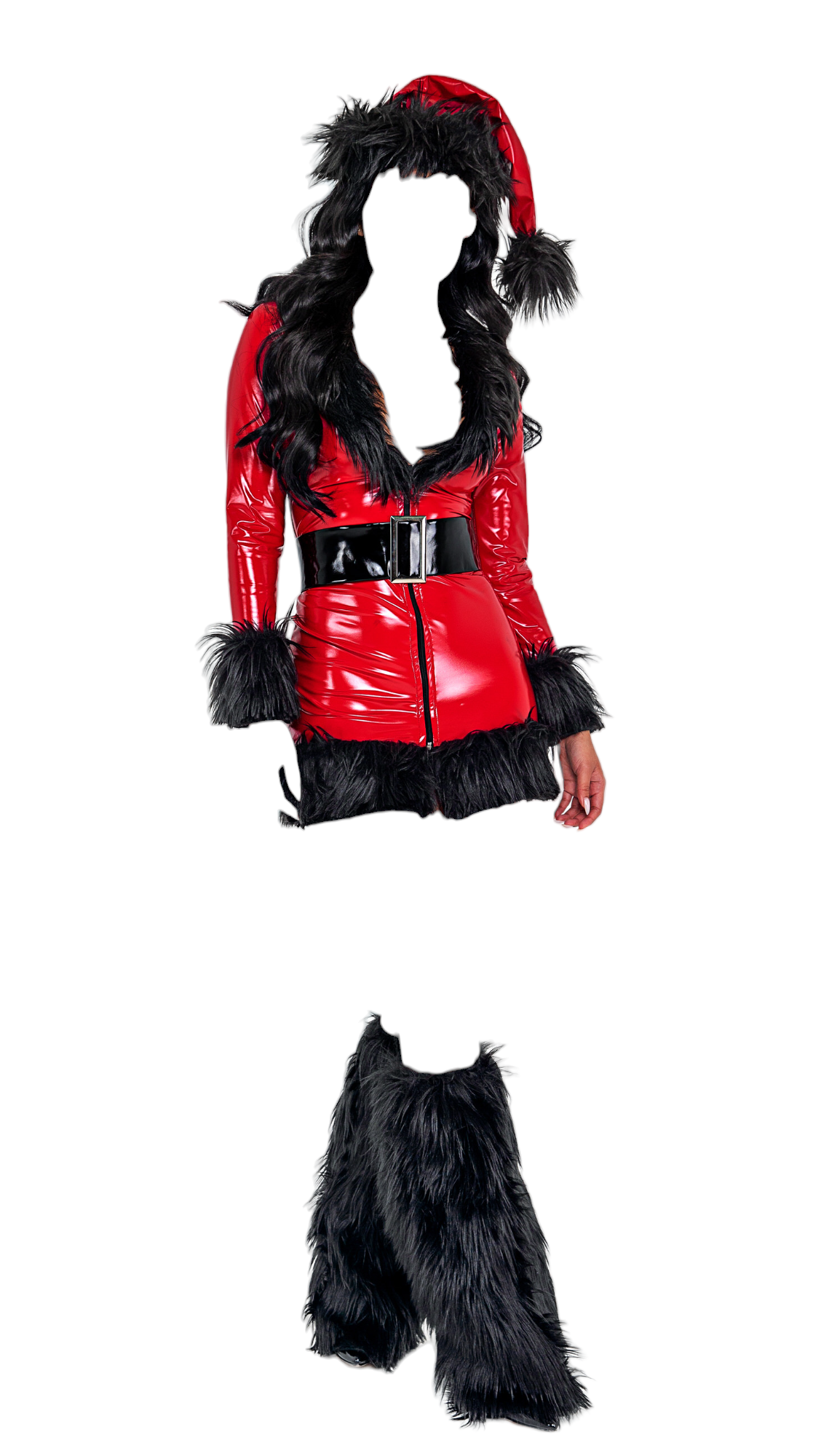 Roma Costume 2 PC Santa Babe Long Sleeve Vinyl Wetlook Dress with Faux Fur Detail Red/Black