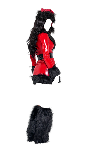 Roma Costume 2 PC Santa Babe Long Sleeve Vinyl Wetlook Dress with Faux Fur Detail Red/Black