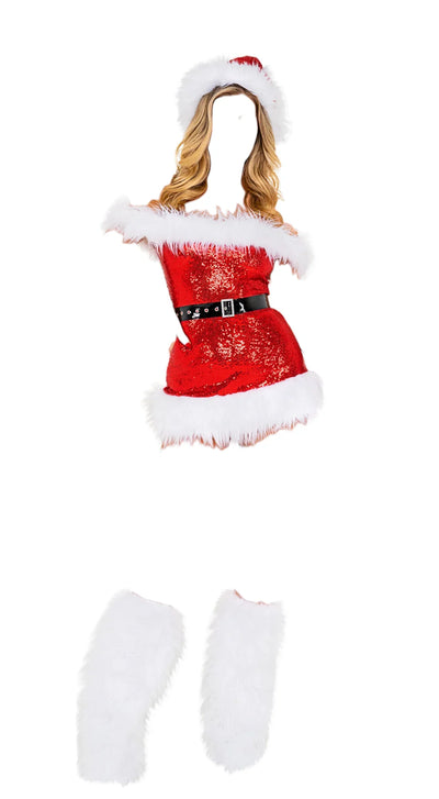 Roma Costume 2 PC Santa Beauty Off the Shoulder Sequin Mini Dress Red/White