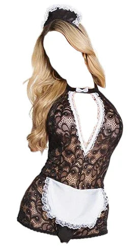 Coquette Scallop Stretch Lace Crotchless Maid Teddy with Headpiece Black/White