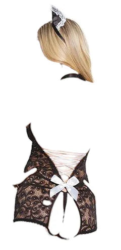 Coquette Scallop Stretch Lace Crotchless Maid Teddy with Headpiece Black/White