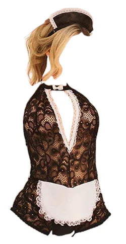 Coquette Scallop Stretch Lace Crotchless Maid Teddy with Headpiece Black/White