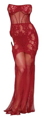 Lace and Mesh Seamless Halter Bodystocking Gown with Rhinestone Details Red