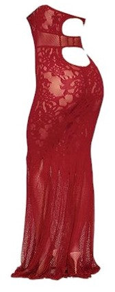 Lace and Mesh Seamless Halter Bodystocking Gown with Rhinestone Details Red