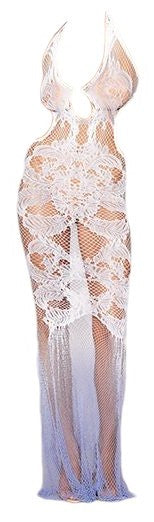 Deep Plunge Halter Seamless Bodystocking Gown with Lace and Fishnet White OS