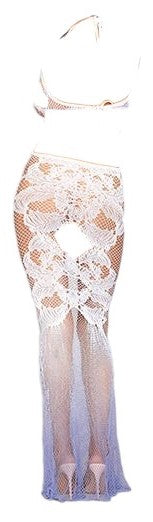 Deep Plunge Halter Seamless Bodystocking Gown with Lace and Fishnet White OS