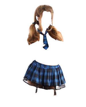 Fantasy Lingerie Play Schoolgirl Gartered Plaid Skirt & Neck Tie Costume Black/Blue